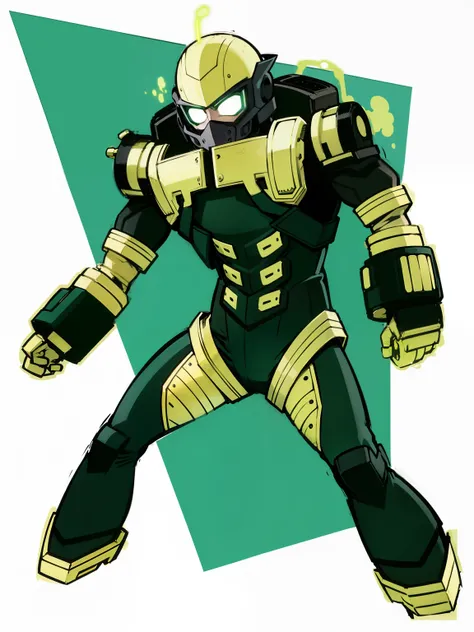 My Hero Academia style, anime boy, male, young male, trending on artstation pixiv, (full body shot:0.5), head covering, helmet, face covering, mask, bright neon green helmet, neon green helmet, glowing helmet, hero costume, full body suit, dark green suit ...