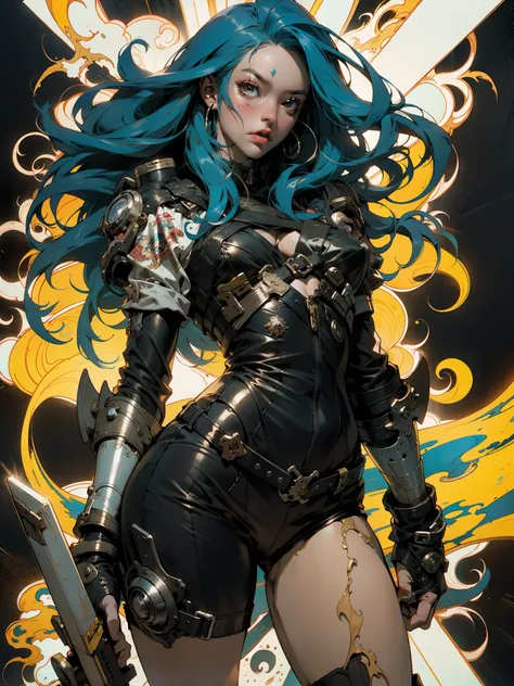 A post-apocalyptic warrior, uma mulher de 35 anos quase nua no estilo Simon Bisley para a capa da revista Heavy Metal, cabelo metade preto metade branco, Minimum clothing, roupas curtas,