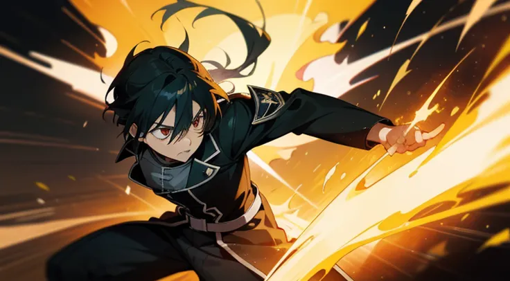 Kirito using his electric powers and speed to elegantly escape an explosion of flames amid the chaos, captured through the lens of a 35mm photograph. O momento congela no tempo, highlighting his intensity and determination when maneuvering with delicacy. T...