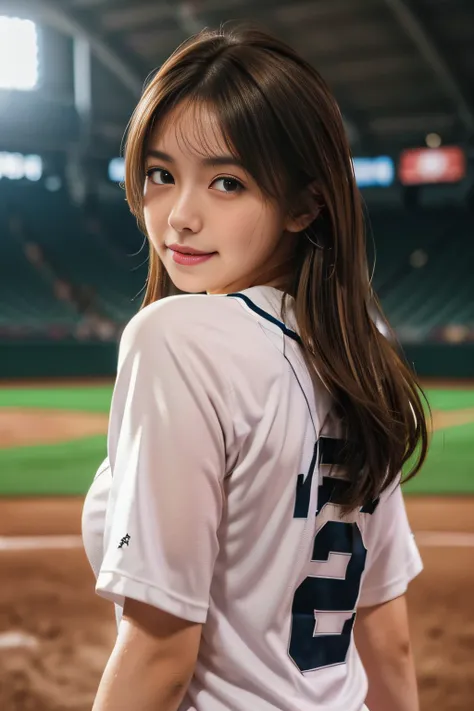 ((Beautiful girl from Japan:1.3)) ((Baseball Uniforms)),  ((baseball stadium)), ((Random sexy poses:1.3)) ((Sweaty:1.5))((blushing face:1.4)) ((Big breasts:1.1)) ((close-up:1.2)) Best Quality,Masterpiece,The ultra-Highres,(Photorealistic:1.4),Raw foto,(Ful...