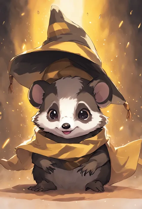 Create a cute illustration of a baby badger wearing a colorful Hufflepuff scarf and the legendary Sorting Hat, that is covering one of the eyes