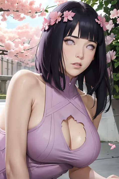 masterpiece, absurdres, hinata(boruto), 1girl, solo,mature female, midi bodycon dress, looking at viewer, (falling petals), perfect composition, detailed lips, big breast, beautiful face, body propotion, blush, (pink lips), long hair,  purple eyes,  soft g...