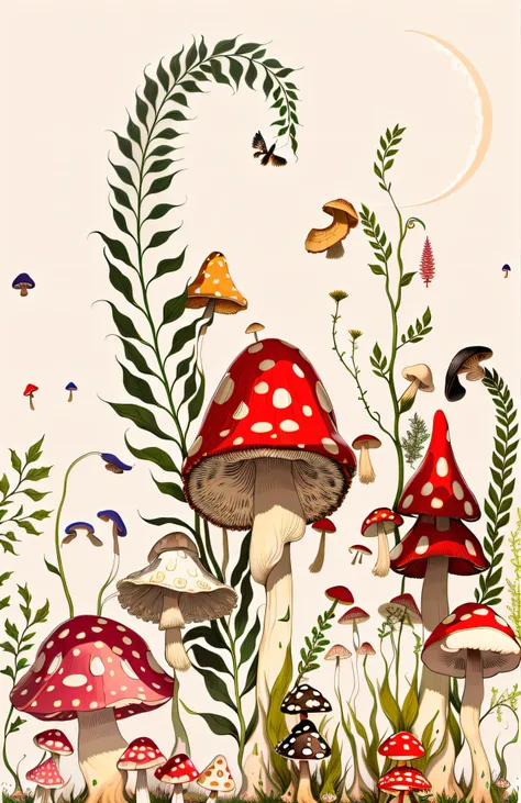 There are many mushrooms and plants in the grass with the moon, whimsical forest, mushrooms and plants, illustrated in whimsical style, toadstools, Mushroom forest, fungus and plants, Cogumelos, fairy tale forest, Mushrooms are everywhere, Mushrooms, magic...