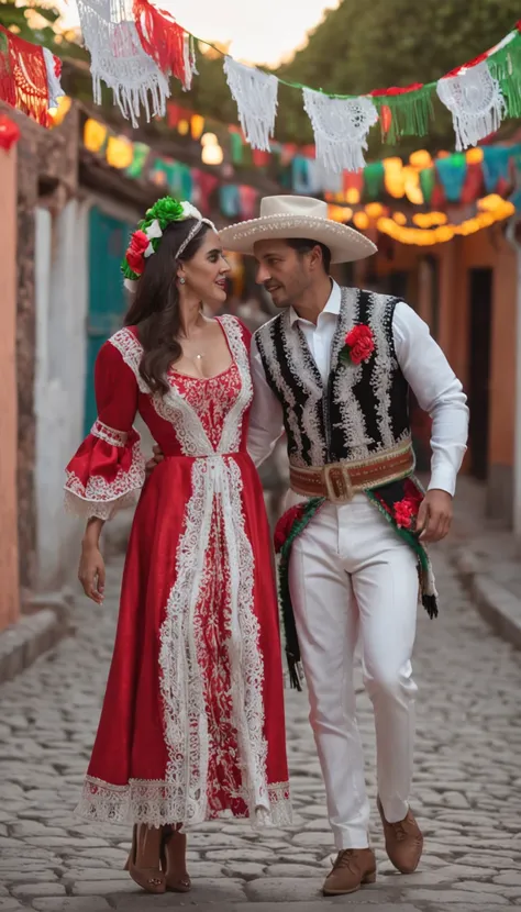 happy mexican couple dressed in typical mexican costumes at a mexican party at night dancing in a street decorated with red, green and white colored papel picado ultra wide angle, depth of field, hyper detailed, red, green white and green scenery details, ...