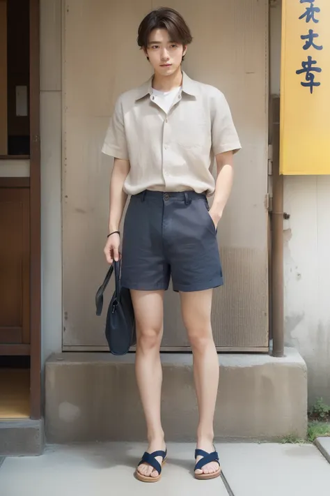 Portrait of a 25-year-old Japan man。Spring and summer casual scene in smart style。hairstyle is short、Light movement.。Hair color is dark brown。Light grey linen shirt for tops、Cool off with lightly rolled up sleeves。Navy shorts for bottoms。Brown leather sand...