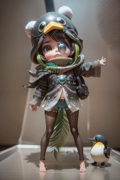 tabuleiro de xadrez Obra　Chibi 3D Vestindo uma fantasia de pinguim　chibi bonito e bonito,Chibi 3D inside a giant aquarium, Realistic,