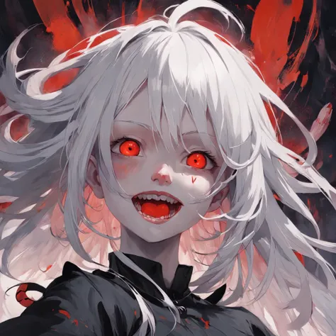 Beautiful girl, White hair, Red eyes, ssmile，Fang，Little devil，banya，in the style of adrian ghenie, Esao Adrus, jenny saville, edward hopper, surrealism, dark art by james jean, tall and big, Minimalist ink punk, Masterpiece, Best quality, Ultra detailed, ...