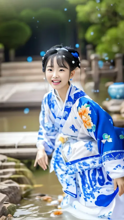 A woman in a jacaranda porcelain dress crouches down and splashes water, Traditional Chinese clothing, with acient chinese clothes,  A girl in Hanfu, Wearing ancient Chinese clothes, Traditional beauty, Hanfu, Chinese style,  inspired by Ma Yuanyu, Chinese...