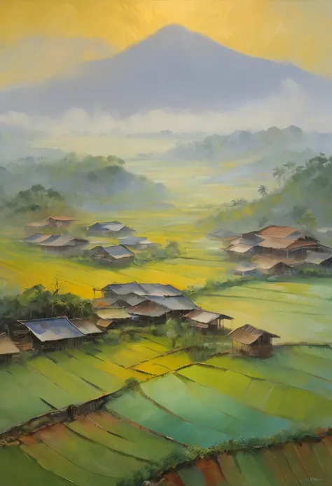 Large expanses of terraced fields, mountains, huts, with rice fields, rice fields, neat rice seedlings in the fields, misty rain, villages, agriculture, in the tranquil landscape, misty weather, in the vast tranquil landscape, in the early morning, in the ...