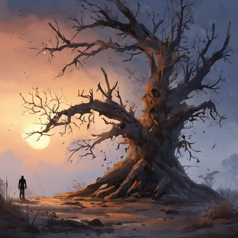 Two crows on a dead tree, A shadow shaped like a walker, Starry night, Thick fog on the ground, Blue light on the horizon, Unreal Engine 5, Cinematic, low angle photography, Motion blur, Depth of field, Dust, Cobblestones and dirt. Splash Art, dripping pai...