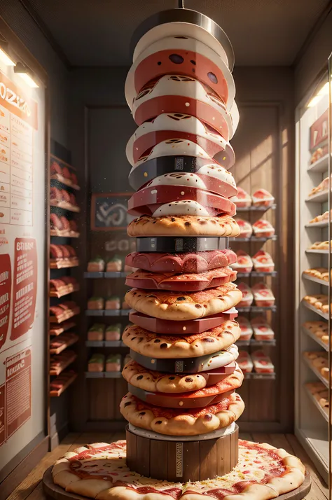 There are many different types of pizzas on display in a store, Realista Cinematic,  conceitual, imagem de comida super realista, pizza a cabana, Directed by: David Ruby, padaria, loja altamente detalhada, pizza, um hiper realista, A torre inclinada da piz...