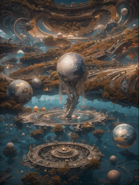 ((La mejor calidad)), ((obra maestra)), (muy detallado:1.3), Astronauta sobre el agua, ubicado en el centro, levitating over the water of a lake with mountains in the background, spheres with fractal designs around, cyberpunk, Fractal design in the backgro...