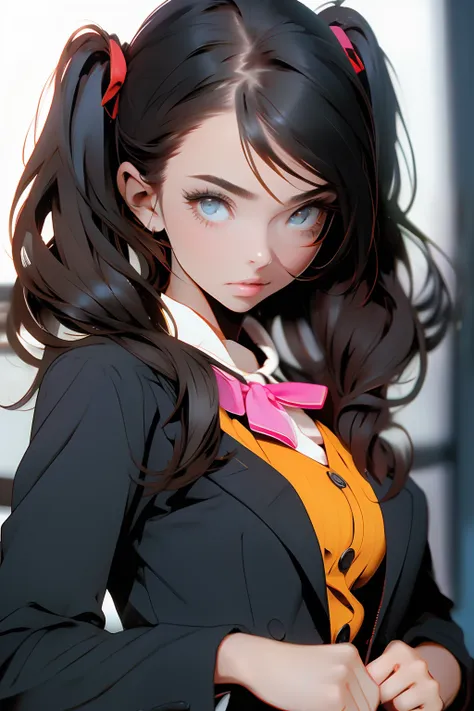 office uniform, office, twintail, black long hair, orange eyes, black formal jacket, 
(best quality, masterpiece, raw photo,ultr...