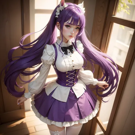 Single horsetail，Purple hair is worn:Lolita and white pantyhose height:163cm identity is brave！