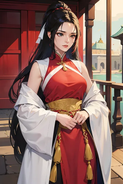 Uma bela mulher madura,usando roupas femininas hunfa wuxia,long hair up to the waist,cor negra,olhos escuros,roupa com vermelha com detalhes dourados,corpo escultural de uma musa,sensual,atraente,empunhando uma espada estilosa,next to an ancestral mansion