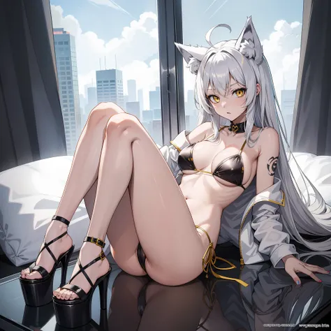 Anime girl, silver hair, yellow eyes, wolf ears, sexy, full body shot, bikini, high heels, skinny