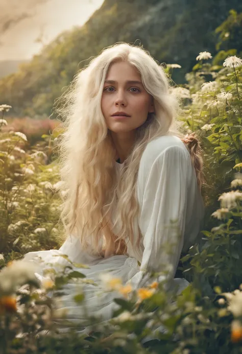 (masterpiece, best quality),1girl with long white hair sitting in a field of green plants and flowers, her hand under her chin, warm lighting, white dress, blurry foreground