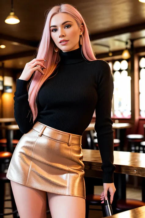 hd leica photograph of a beautiful fit 22 year old girl playing darts at a pub while wearing a mini skirt and a tight turtleneck sweater (fully clothed) (photorealistic:1), (hyper realistic photograph:1), (texture:1), (highly detailed:1) innocent face, det...