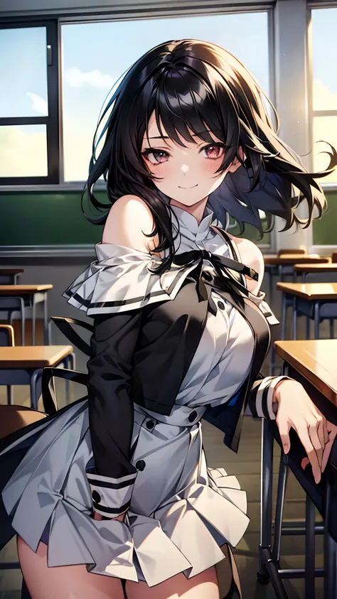 solo, (((anime girl with shoulder-length black hair))), (silver eyes), ((slight smile)), ((one eye winking)), school uniform, sk...