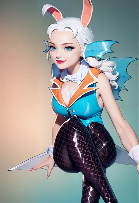 8K, High Definition, Animated, Beautiful, a small face, Beautiful, Bright, hair white, Eye Highlights, Sexy, Erotic, beautiful line art.Orange fins on the back、
light blue skin, Blue skin、Orange finned ears,  Bunny Girl, Bunny suit, Net tights on the legs,...