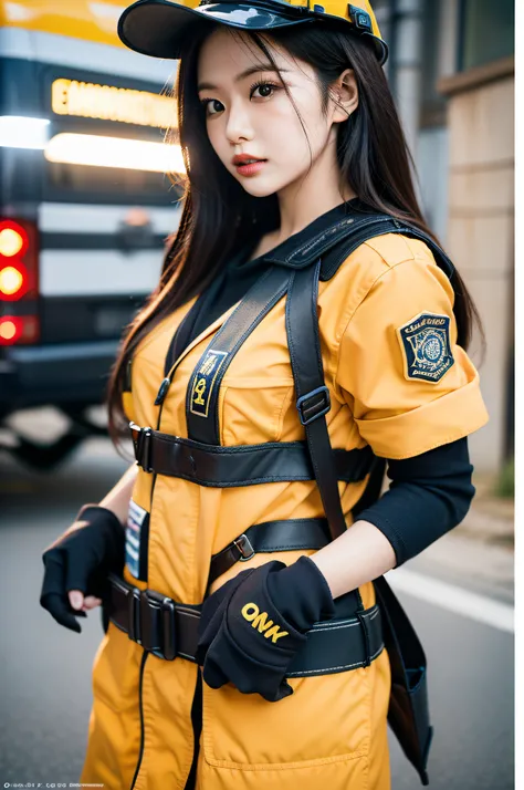 Envision a scene where Kamei Eri, dressed as a firefighter, is poised ready for action. Content: Kamei Eri, adorned in a firefighters attire, with an emergency medical kit by her side, set against the backdrop of a bustling emergency scene. Medium: Photogr...