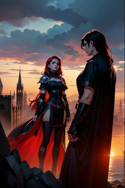 Dois personagens guerreiros, entardecer, 8k, magnifica, poderoso, magia, Mantos, sangue, Cidade medieval, dramatic scene, Colors of Gothic armor black and red, sky with many clouds, Magnificent, tunic, magia, capa enorme vermelha flutuante, uma mulher flut...