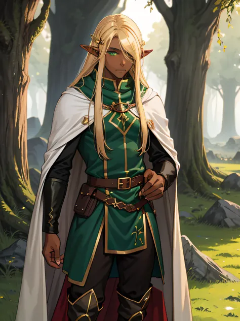 long hair, dark skin, hair over one eye, male, elf ears, thick thighs, druid, fantasy, blonde hair, cloak, thigh boots, green eyes, green clothes, no pupils, mature male, black pants