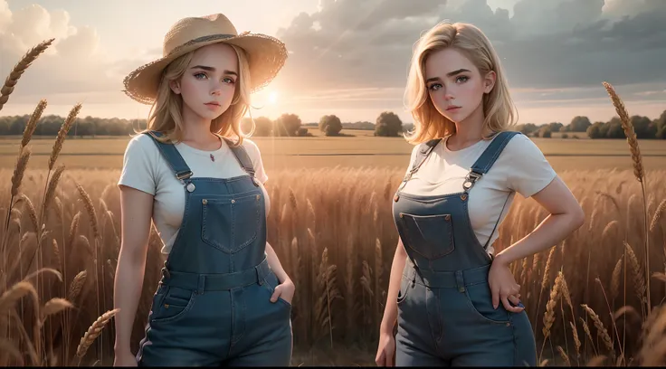 gorgeous voluputous woman ("kiernan shipka"), huge heavy breasts, wide hips,in a wheat field farm, overalls, warm light, ray tracing, backlighting, UHD, anatomically correct, textured skin, super detail, award winning, masterpiece, 8k, best quality