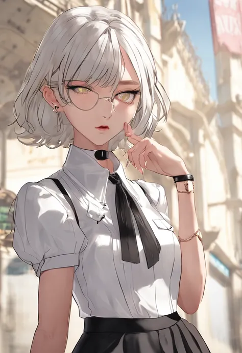 best quality, ultra high res, 1girl, sleeveless white button shirt, black skirt, black choker, cute, (Kpop idol), (aegyo sal:1), (platinum blonde hair:1), ((puffy eyes)), looking at viewer, full body, facing front