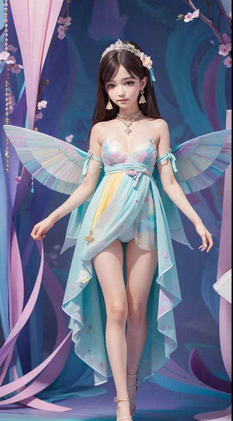 （tmasterpiece，top Quority，best qualtiy，offcial art，Beauty and aesthetics：1.2），（1girll, ），（Translucent colored wings：1.1），（Colorful dresses：1.1）（s fractal art：1.1），Most detailed，full body, (abstract background:1.3), (shiny skin), (many colors:1.4), ,(earrin...