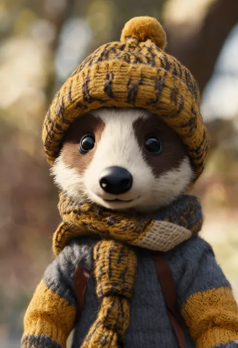 Create a picture of a baby badger, Hes wearing a Hufflepuff scarf and a brown selector hat thats covering one of his eyes