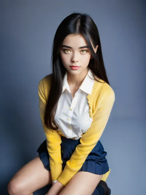 A stunningly beautiful student girl without make-up, 17 years old, /(long black hair with blue tips, triangular face, perfect yellow eyes, shapely legs, hourglass body, sexi,), /(school uniform: Yellow sweater, white blouse, dark blue miniskirt, dark blue ...