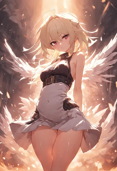 japanese anime style。illustratio。Dark Fantasy。White feathers。girl with。a blond。undergarment。natta。battle field。Colossal tits。pubick hair。teats。a miniskirt。A little angry。crouching down。Open crotch。