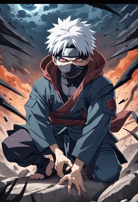 An incredibly detailed illustration of Hatake Kakashi in Combat Position highlighting his sharingan, corpo inteiro, olhos perfeitos, perfect hands, dedos perfeitos, incredible details, sombras perfeitas, Dynamic background, estilo de desenho hiper-realista...