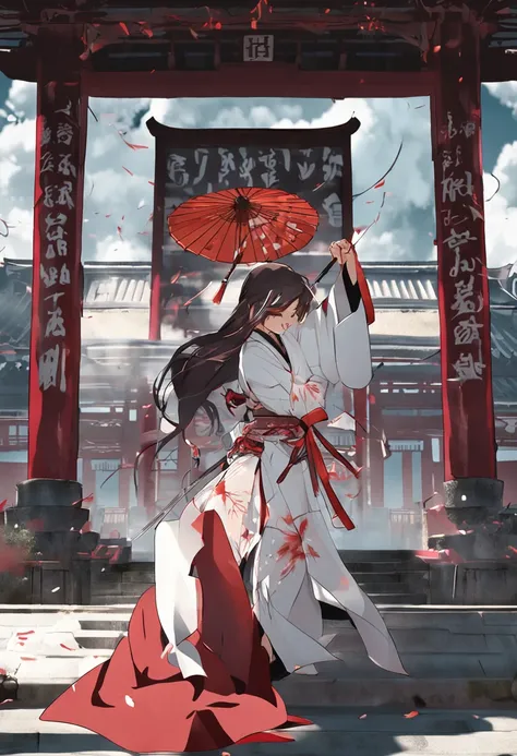 Temple of the burning Japan、natta、A woman in a white kimono with red hair in the middle and holding a sword Japan