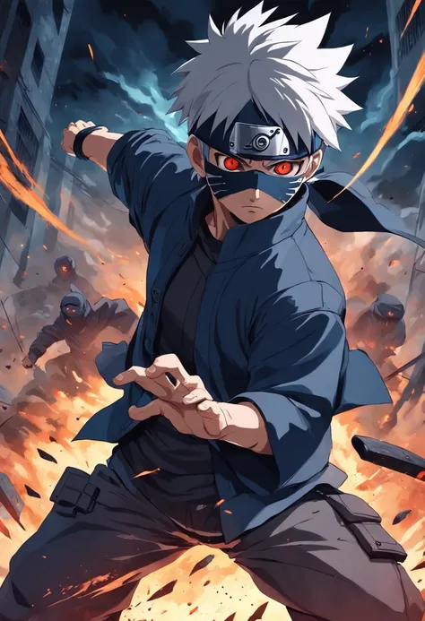 An incredibly detailed illustration of Kakashi Hatake in Combat Position highlighting his sharingan, corpo inteiro, olhos perfeitos, perfect hands, dedos perfeitos, incredible details, sombras perfeitas, Dynamic background, estilo de desenho hiper-realista...