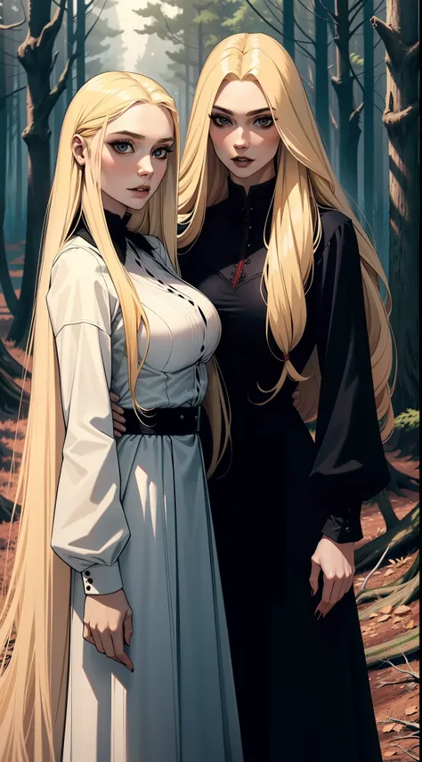 A vampire woman with long blonde hair in cold clothes, along with another woman with black hair, the two girls are in a forest surrounded by trees