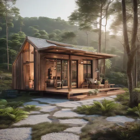 The image is real, Architectural Design of Tiny House, pine wood, One Floor, Tropical style, perspective, on hills, in pine forest, Look at the Rice Fields, Big Tree In The Garden, Aurora, Loft Net, Wooden chairs, porch, lazy sofa,