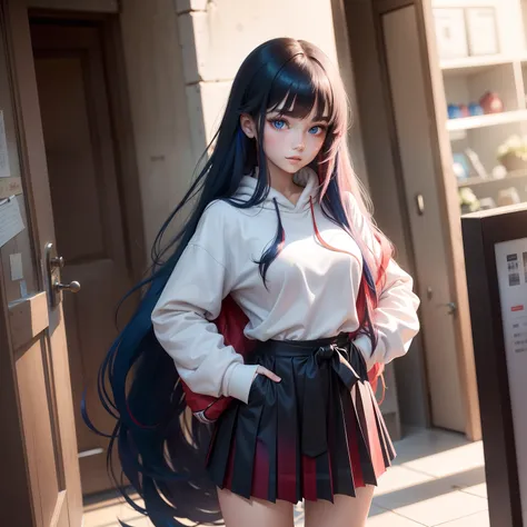 A beautiful girl aged 18，Her long, silky hair hangs down her waist，The hair color takes on a dazzling color，Red and blue gradients，A pair of heterochromic pupils，One red and one blue，Wear a pleated skirt and a wide sweatshirt。