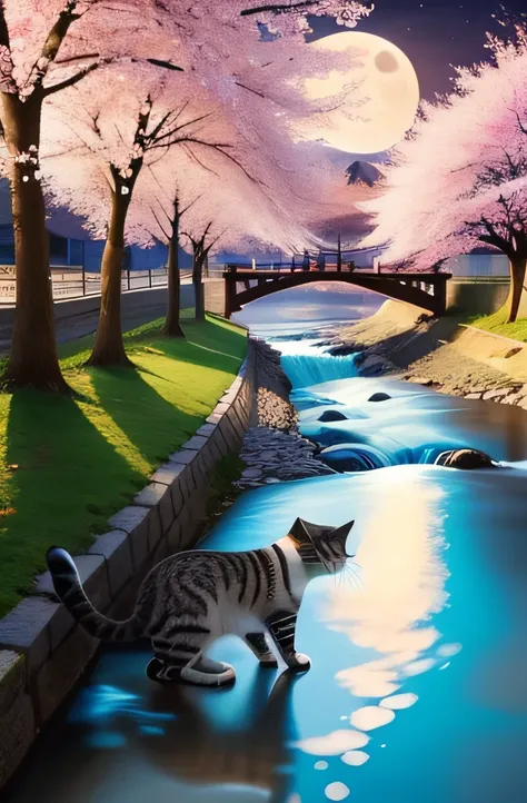 Cute kneading cat,Beautiful cherry blossoms,The river is flowing,moonlight