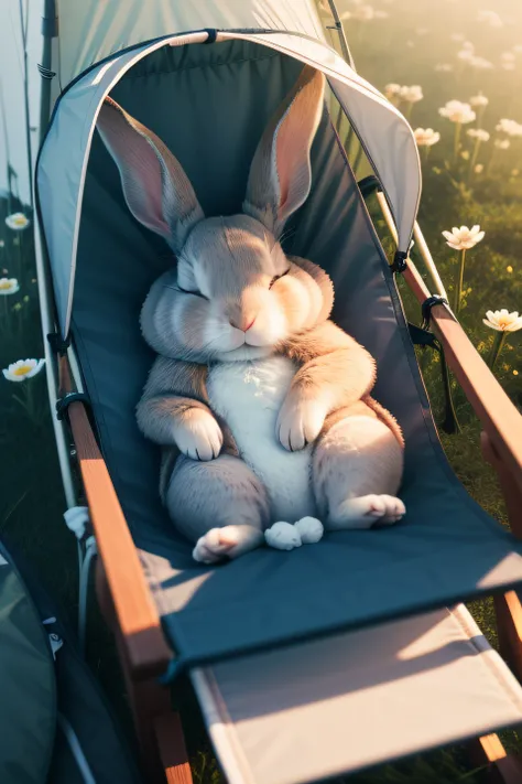 Photo of a little rabbit sleeping on a camping chair，With his eyes closed，Aerial overhead shot，clean backdrop，depth of fields，largeaperture，photography of，volume fog，Halo，blooms，Dramatic atmosphere