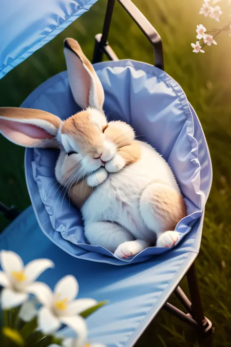 Photo of a little rabbit sleeping on a camping chair，With his eyes closed，Aerial overhead shot，clean backdrop，depth of fields，largeaperture，photography of，volume fog，Halo，blooms，Dramatic atmosphere