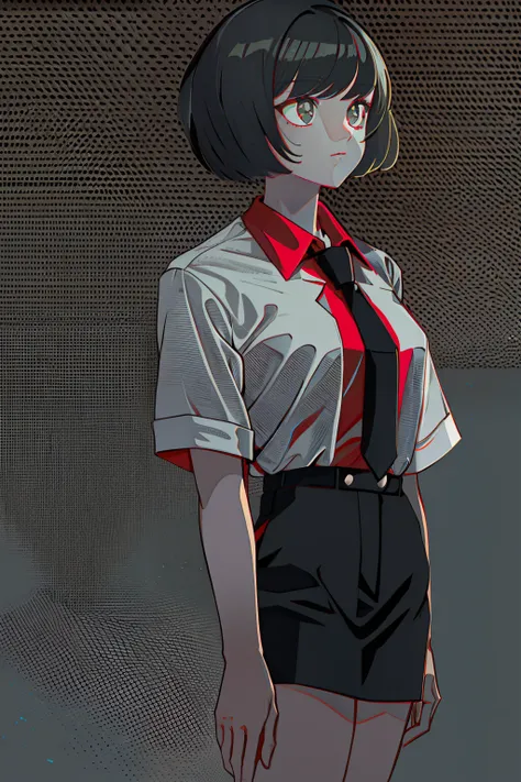 a 1girl, body complet, very detail, a lot of details, very extremely beautiful,  ((tmasterpiece, minimalism)), (Short Hair Hair), black necktie, Red shirt, Dark colors, looks into the distance