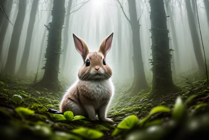 （rained），rained，close up photo of a cute rabbit in the forest，deep in the night，in the forest，contre-jour，volume fog，halo，blooms...