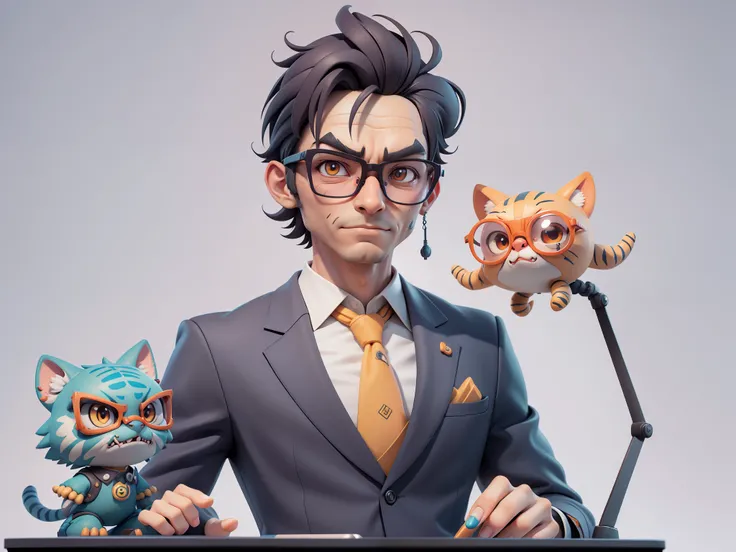 A young man in a suit, Short hair and glasses sat at his desk，holding laptop，digitial painting，tigre，3D character design by Mark Clairen and Pixar and Hayao Miyazaki and Akira Toriyama，4K HD illustration，Very detailed facial features and cartoon-style visu...