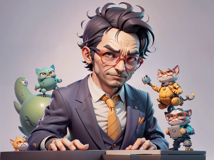 a young man in a suit, short hair and glasses sat at his desk，holding laptop，digitial painting，tigre，3d character design by mark...