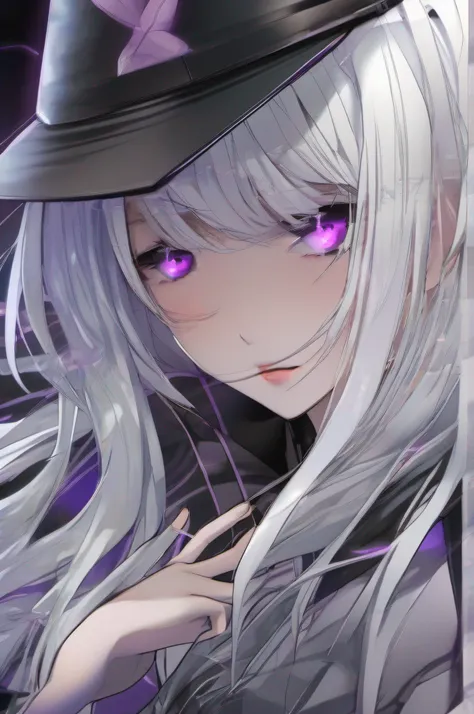 The face is covered with a rectangular black translucent veil，long  white hair，Purple eyes ，schoolgirls，comic strip