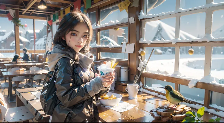 Best quality, Detailed background, Girl,Sea, Cafeteria, Bird, Snow, winter,