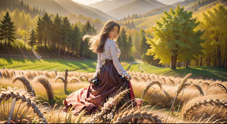 fall season，full bodyesbian, standing on your feet，long  skirt，Portrait of cute blonde girl, Stand on a golden wheat field (((looks away))), In the distance, The mountains are full of red maple，Yellow deciduous flowers, orange fog, Exercise, floated hair, ...