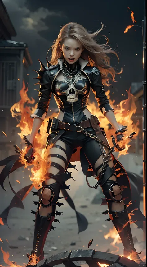 Female version of Ghost Rider， （Ghost Rider），A superhero under the Marvel Comics umbrella，The image is usually a burning human skeleton、Wear leather clothing、Heroes in chains，And get on a flaming motorcycle，Fight evil enemies everywhere。Flames flutter in t...